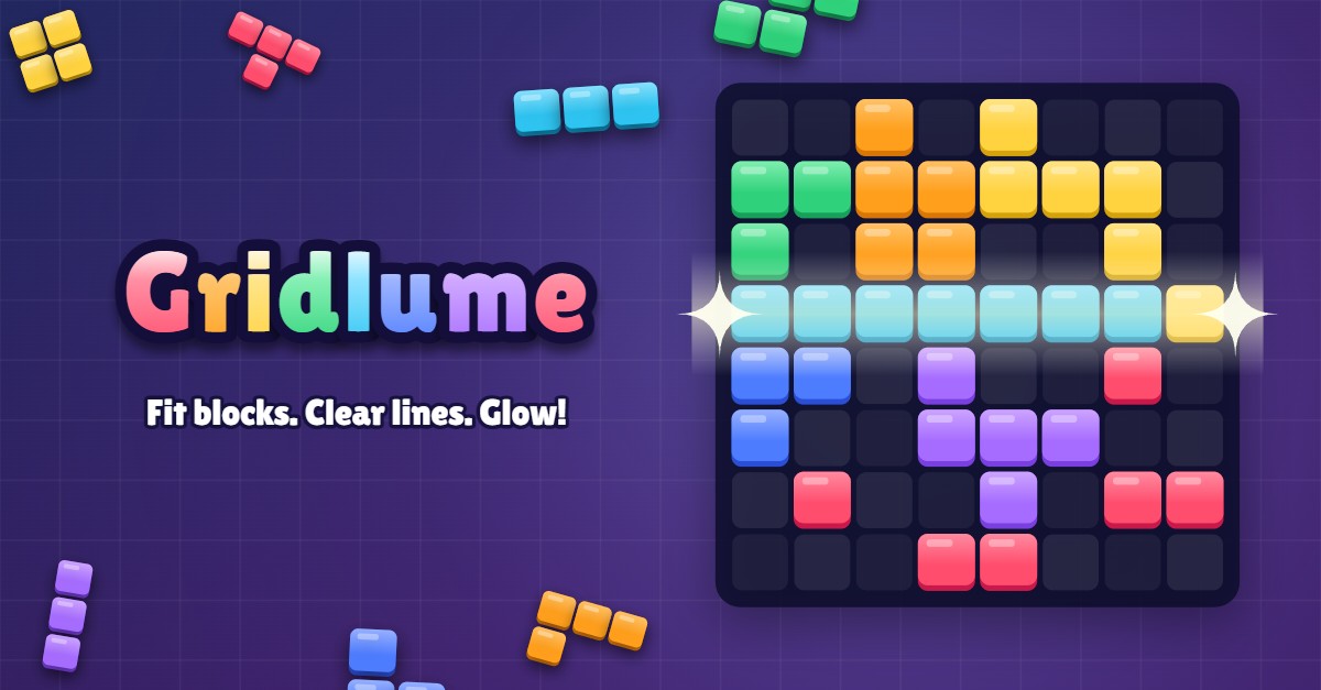 Gridlume banner showing an 8x8 grid with a glowing row